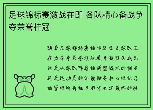 足球锦标赛激战在即 各队精心备战争夺荣誉桂冠