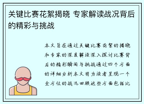 关键比赛花絮揭晓 专家解读战况背后的精彩与挑战