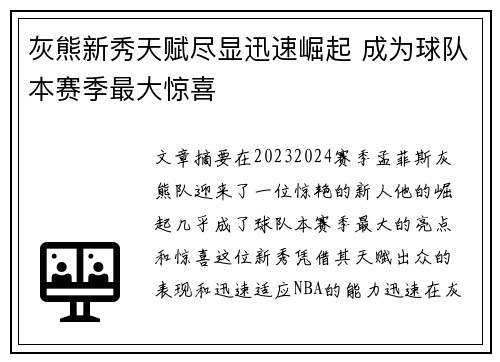 灰熊新秀天赋尽显迅速崛起 成为球队本赛季最大惊喜