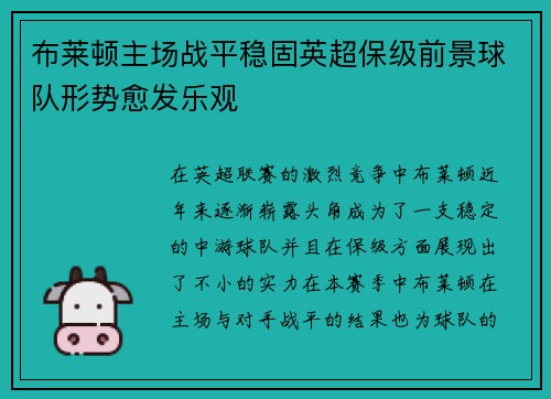 布莱顿主场战平稳固英超保级前景球队形势愈发乐观