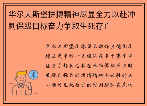 华尔夫斯堡拼搏精神尽显全力以赴冲刺保级目标奋力争取生死存亡