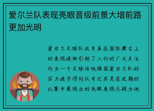 爱尔兰队表现亮眼晋级前景大增前路更加光明