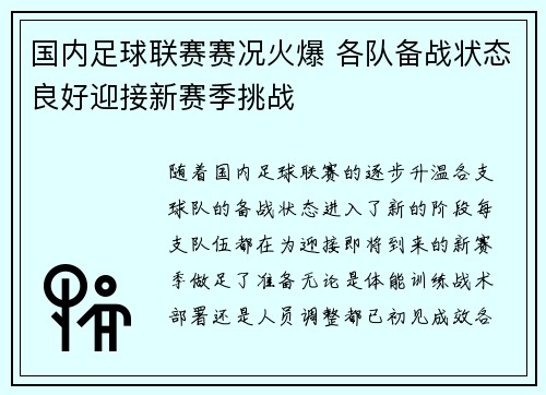 国内足球联赛赛况火爆 各队备战状态良好迎接新赛季挑战